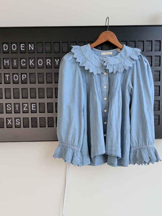 Doen Tops - Doen Light Blue Hickory Ruffled Collar Blouse